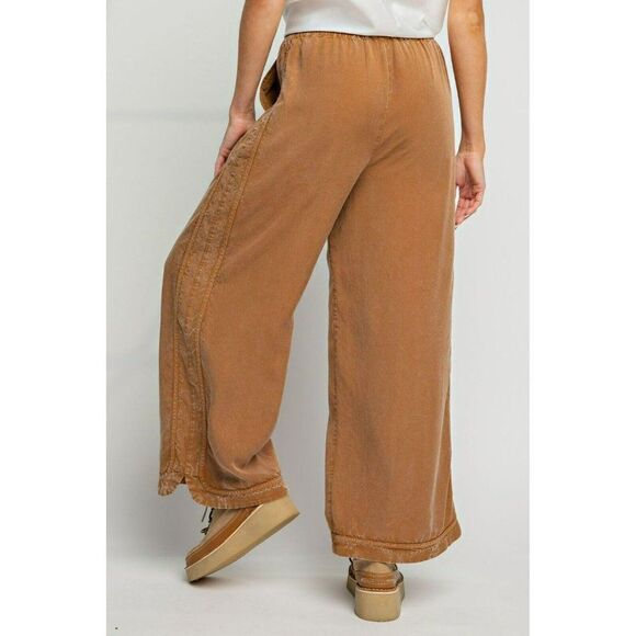 Easel Comfy + Cozy Mineral Washed Soft Twill Wide Leg Pants in Camel EB41434 - Picture 5 of 5